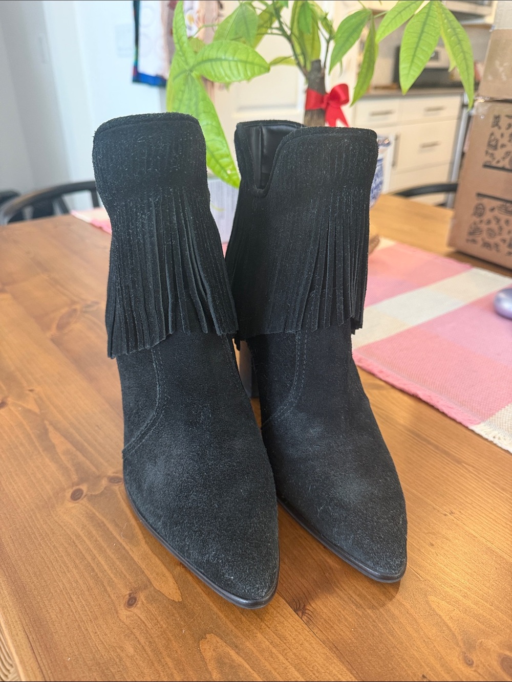 ANTONIO MELANI Black Suede Fringe Ankle Booties
